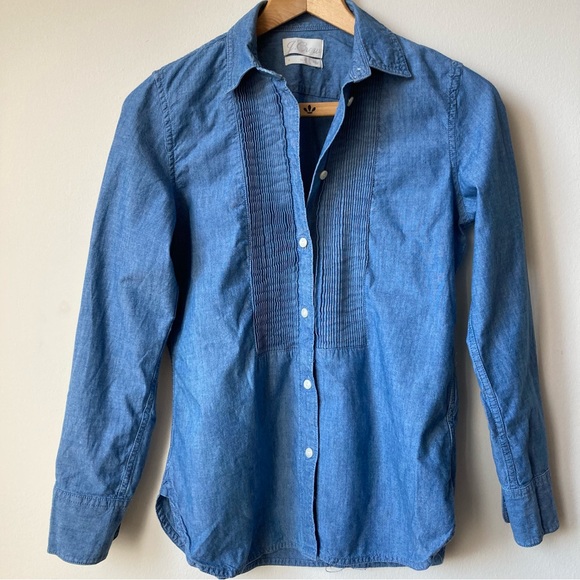 J. Crew Slim Fit Blue Chambray Tuxedo Long Sleeve 100% Cotton Button Shirt 0 - Picture 3 of 8
